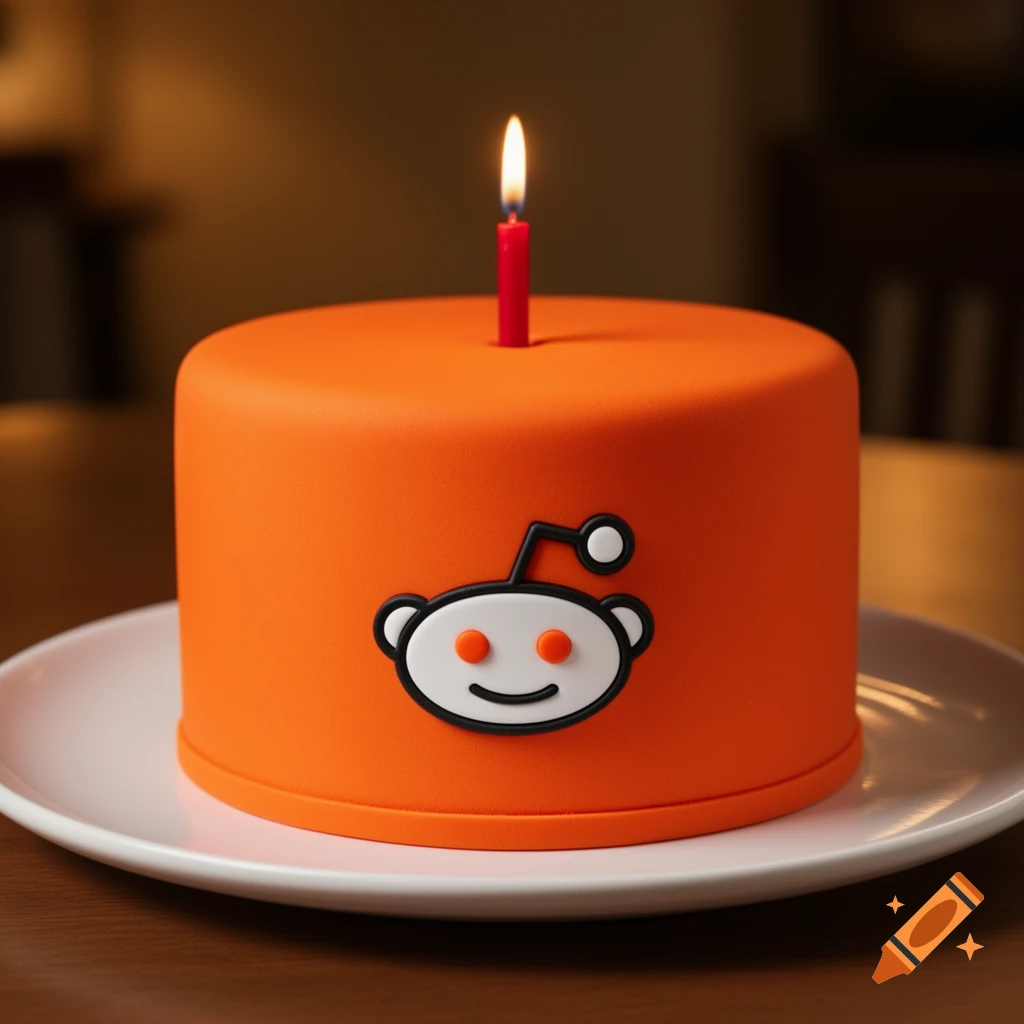 Photorealistic orange birthday cake with a lit red candle in the center and a Reddit Snoo logo on the side.