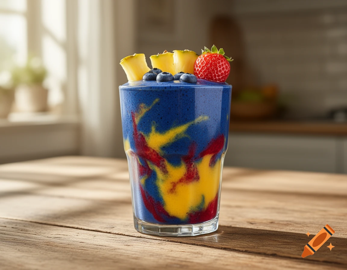 A vibrant blue, yellow, and red swirled smoothie in a glass, topped with pineapple slices, blueberries, and a strawberry, on a wooden table.