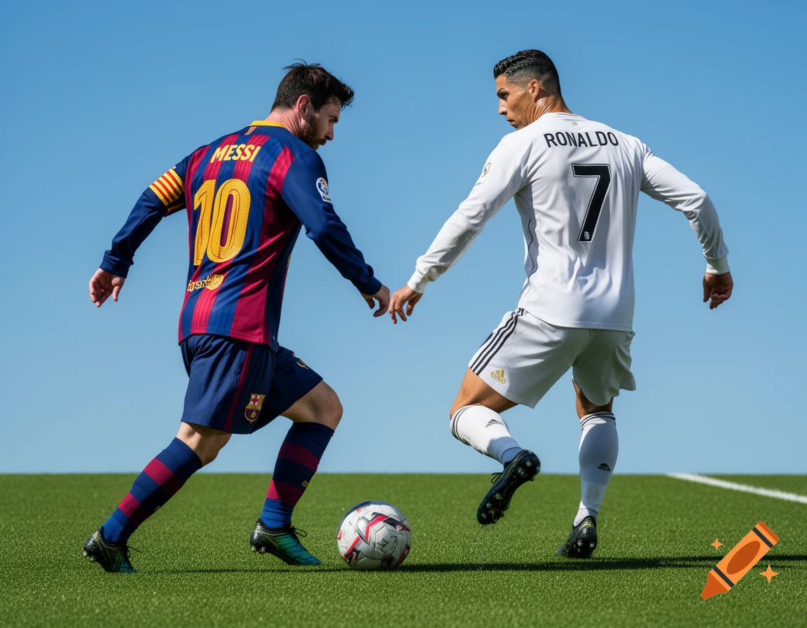 Photorealistic image of soccer players Lionel Messi and Cristiano Ronaldo on a green field, facing each other with a ball.