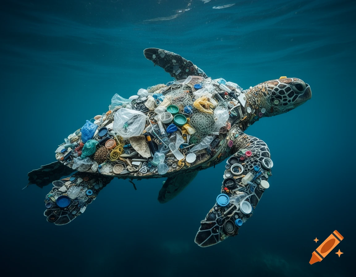 A photorealistic image of a sea turtle, its shell and fins formed by countless pieces of colorful ocean plastic, swimming in deep blue water.