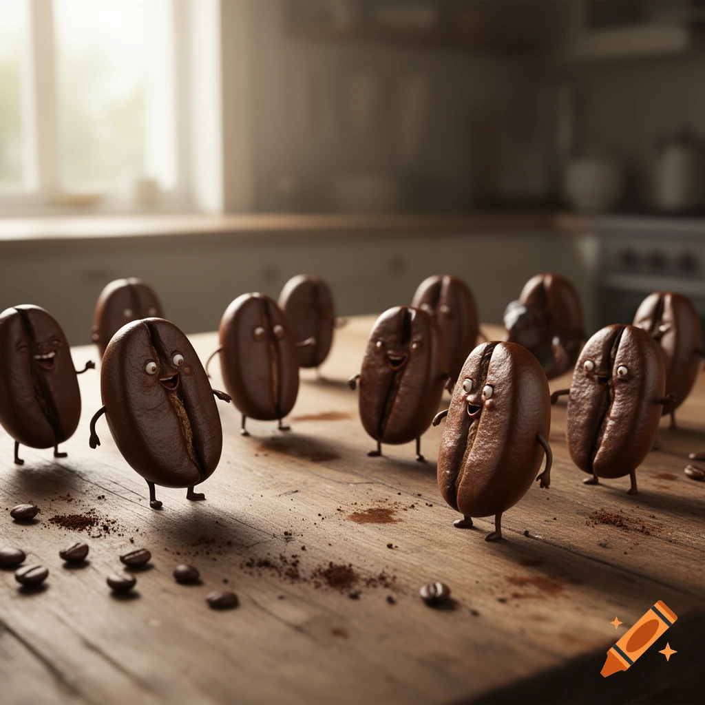A group of anthropomorphic coffee beans with cartoon faces, arms, and legs standing and interacting on a wooden kitchen counter.