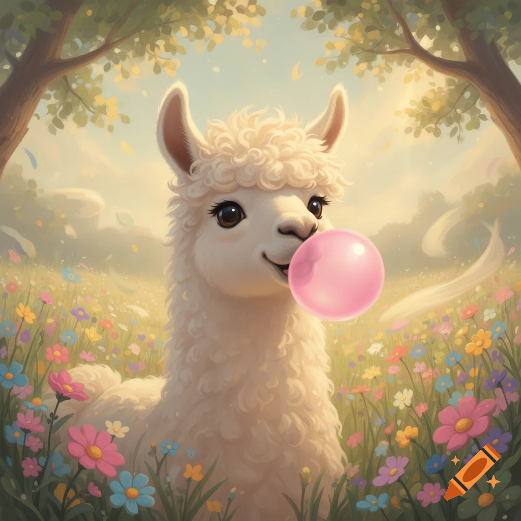 A cute fluffy white llama blowing a pink bubble gum bubble in a vibrant spring meadow with colorful flowers and trees under a bright sky, in a whimsical art style.