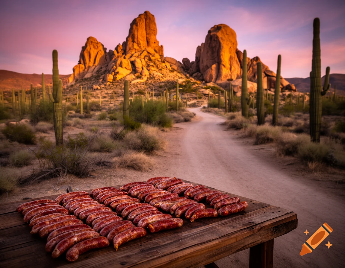 Raw sausages laid on a wooden table in a desert landscape with large rock formations and saguaro cacti at sunset.