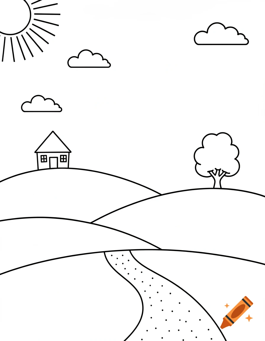 A simple line art drawing of a landscape featuring a house, a tree, a path, a sun, and clouds.