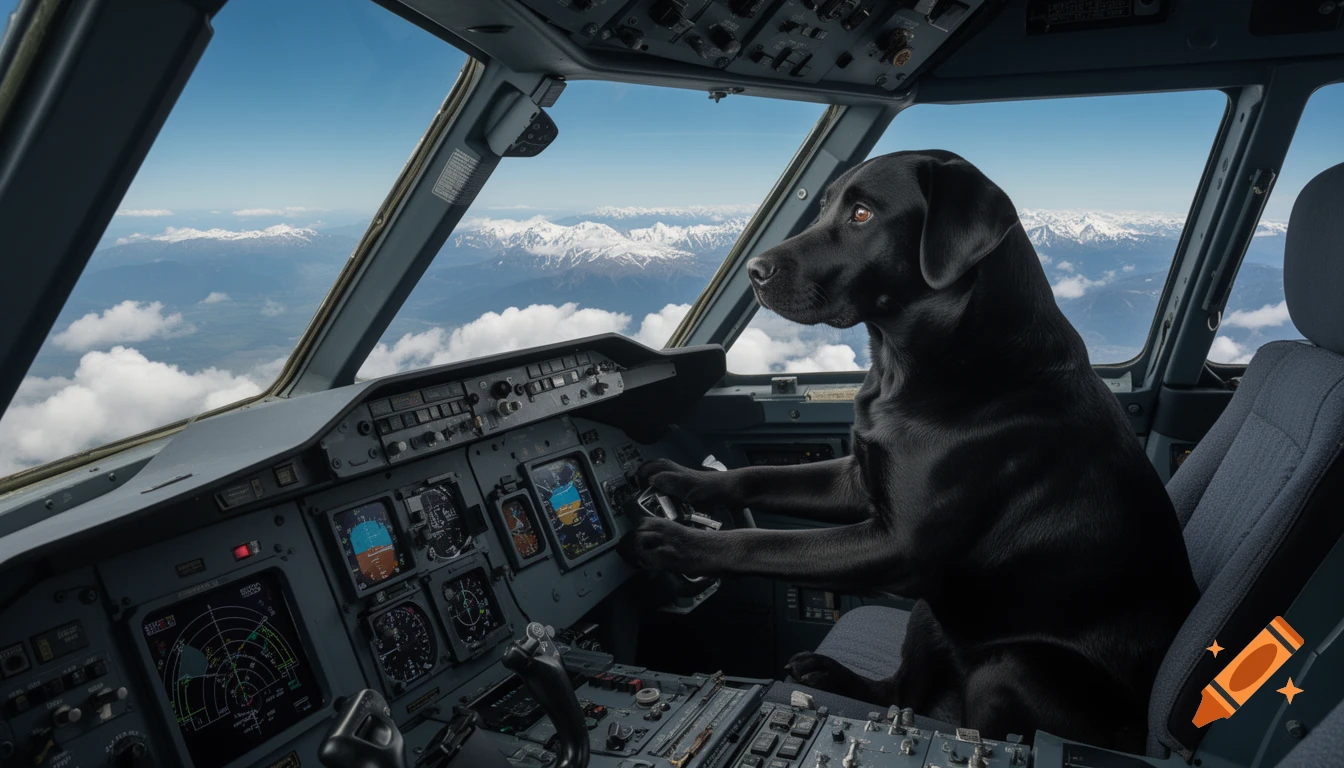 A photorealistic image of a black Labrador dog sitting in an airplane cockpit, gripping the controls, with snow-capped mountains and clouds visible outside the windows.