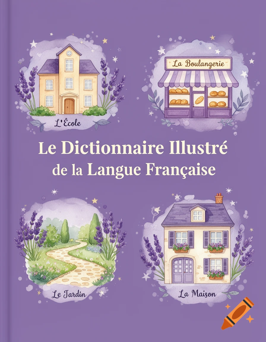 A watercolor book cover for "Le Dictionnaire Illustr0 de la Langue Fran1aise" featuring illustrations of a school, bakery, garden, and house.