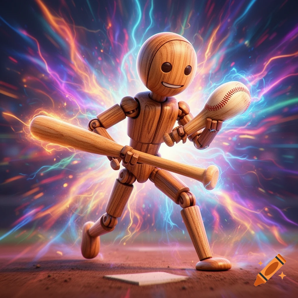 A smiling wooden mannequin holding a baseball bat and a baseball, set against a vibrant background of colorful, chaotic energy streaks.