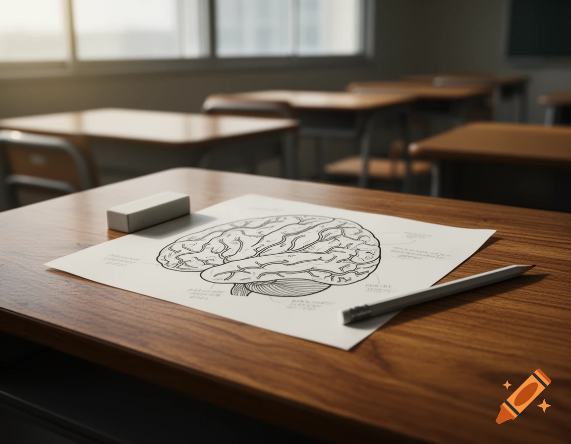 A detailed brain diagram on a white sheet of paper on a wooden classroom desk, with a pencil and eraser nearby, in a photorealistic style.