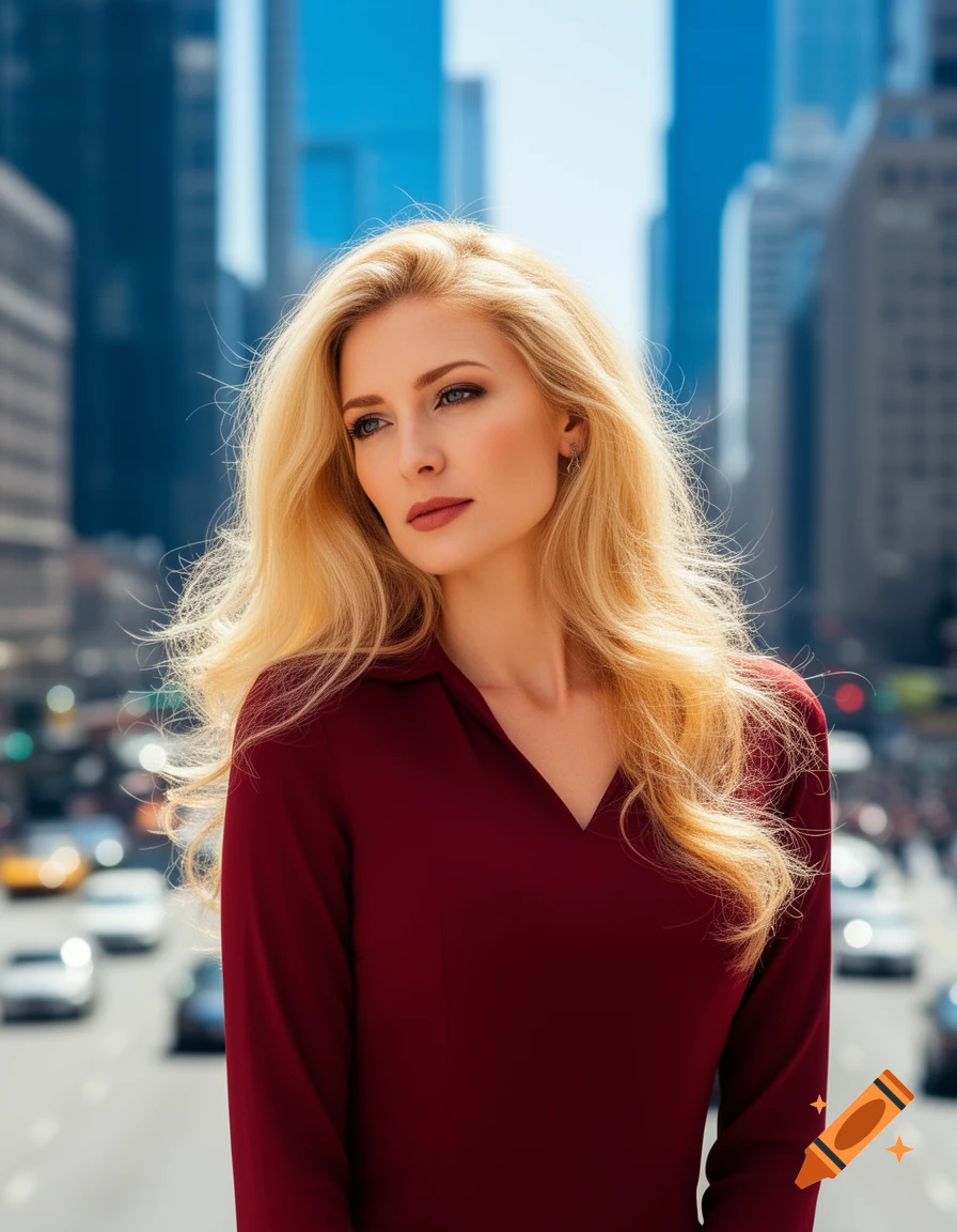 Photorealistic portrait of a blonde woman in a red shirt looking sideways, with a blurred city street and buildings in the background.