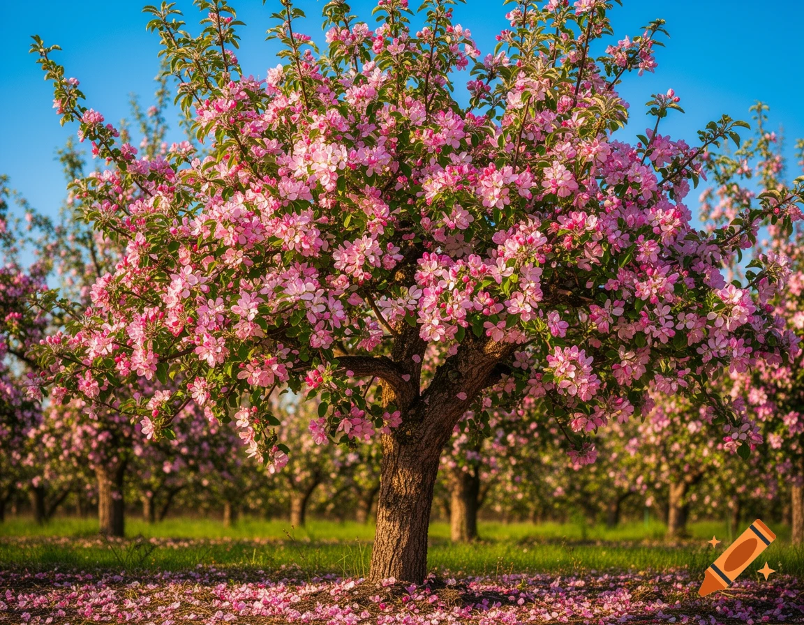 A vibrant apple tree covered in pink blossoms, with fallen petals on the green grass in an orchard under a blue sky.
