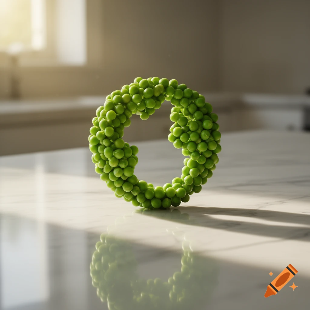 A donut-shaped ring made entirely of green peas sits on a reflective white marble kitchen counter, with soft light from a window in the background.