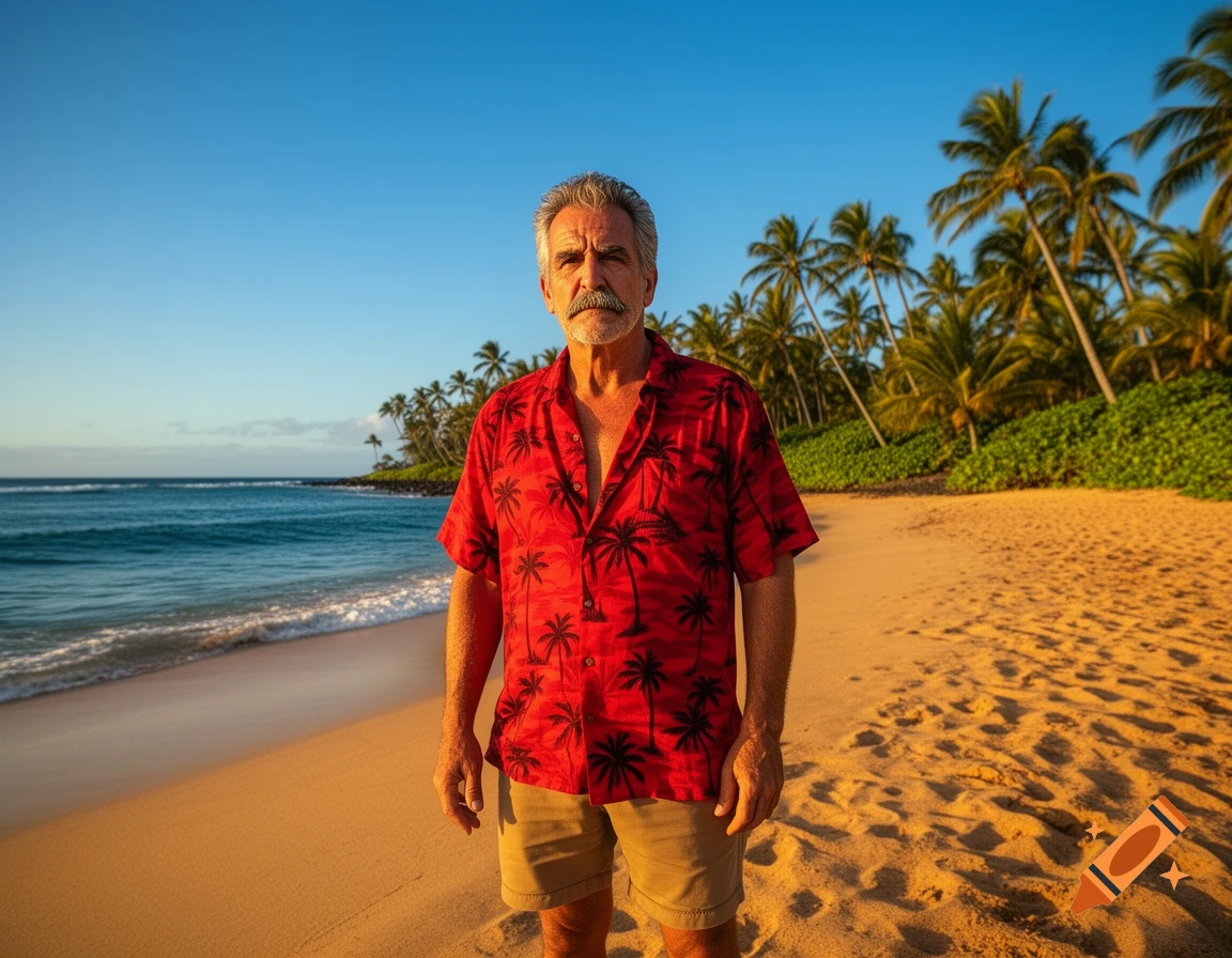 A rugged man with a chevron mustache and bushy eyebrows stands on a tropical beach in a red Hawaiian shirt and khaki shorts.