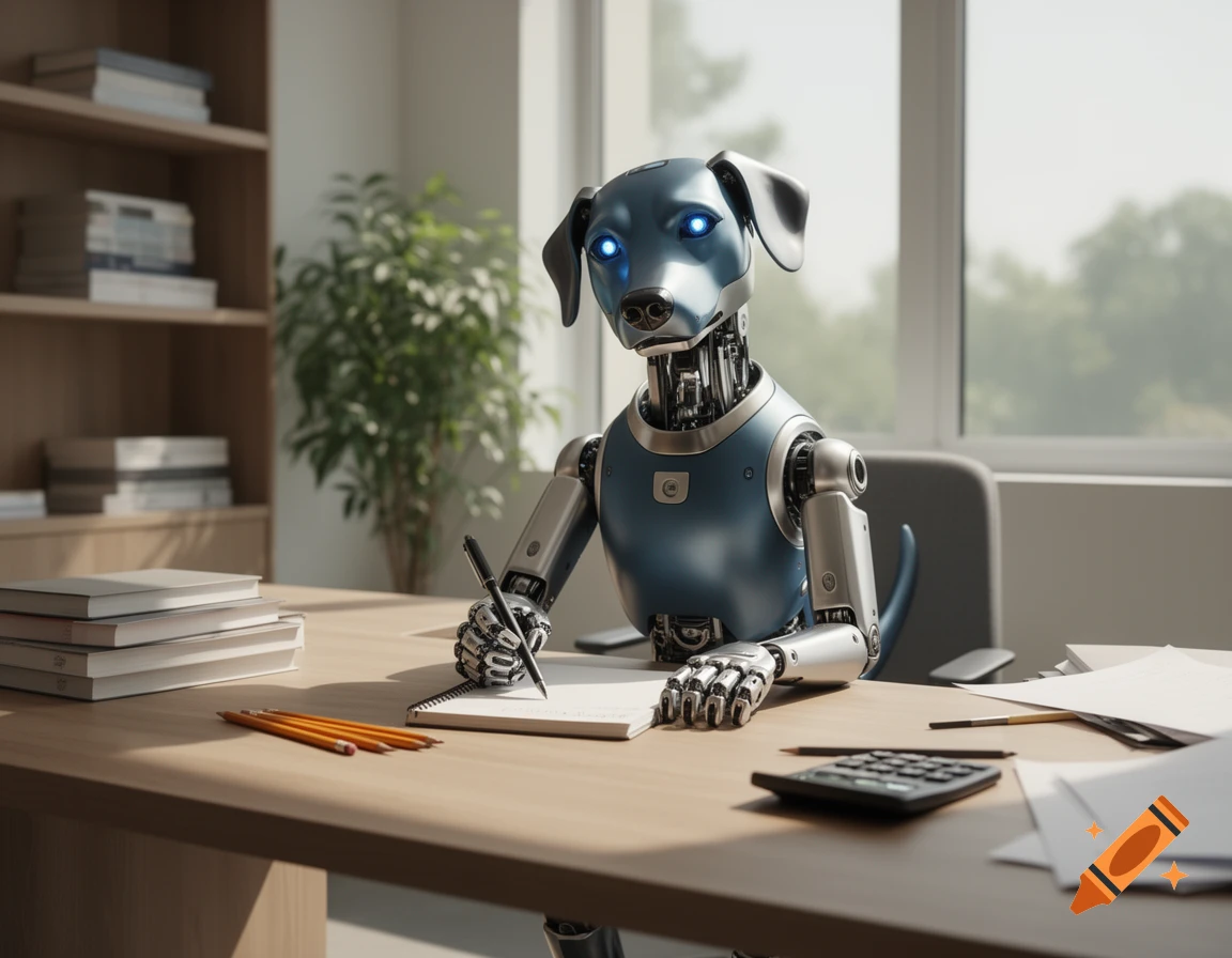 A blue and silver robot dog sits at a wooden desk in an office, writing in a notebook with a pen, surrounded by books and office supplies.