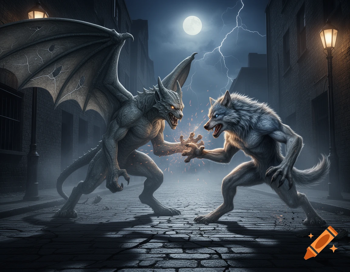 A winged gargoyle and a werewolf fight on a cobblestone street under a full moon with lightning.
