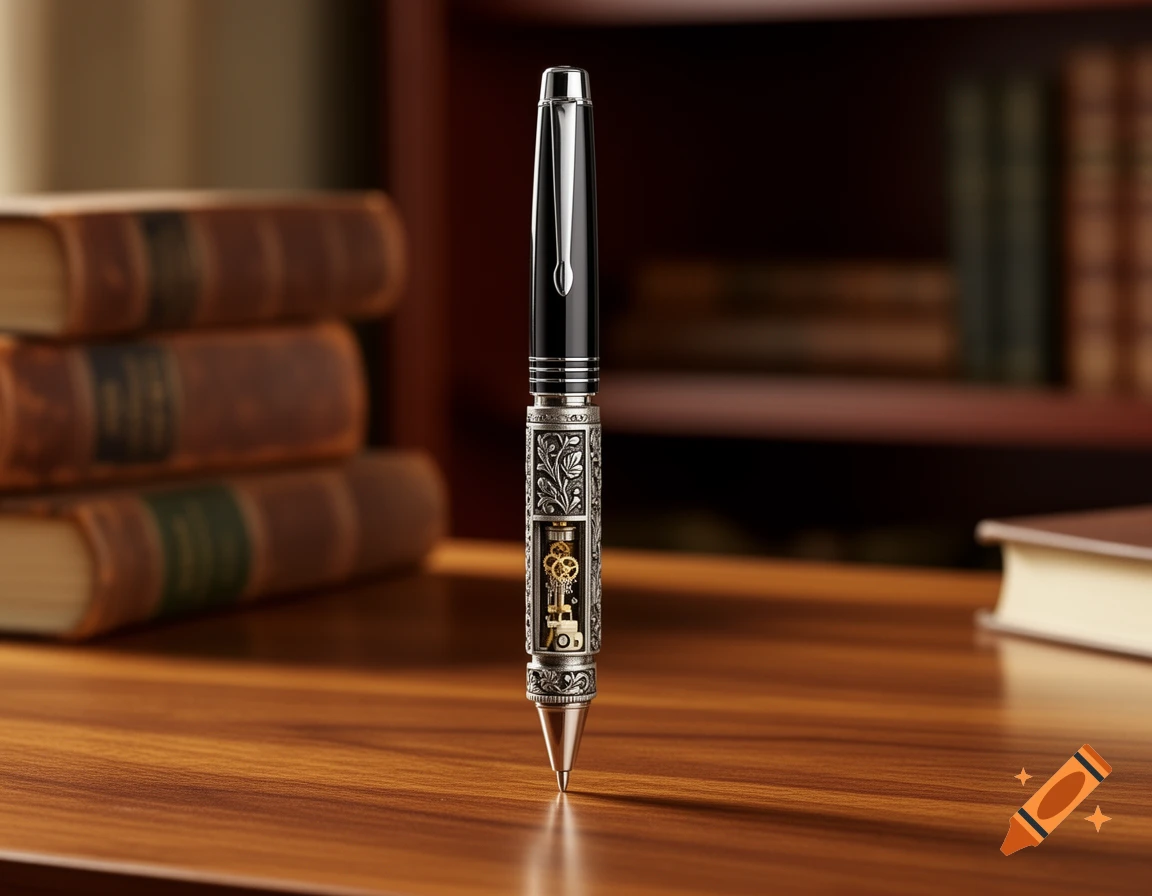A detailed steampunk-style pen with visible internal gears and a key, standing on a polished wooden desk with blurred books in the background.
