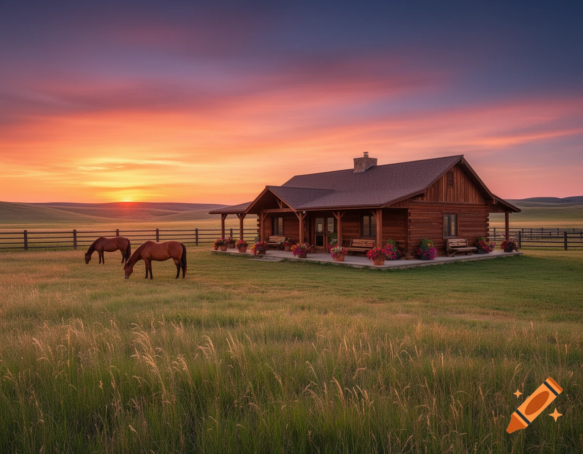 Photorealistic image of a wooden ranch house with two horses grazing in a grassy field at sunset, featuring a vibrant orange and purple sky.