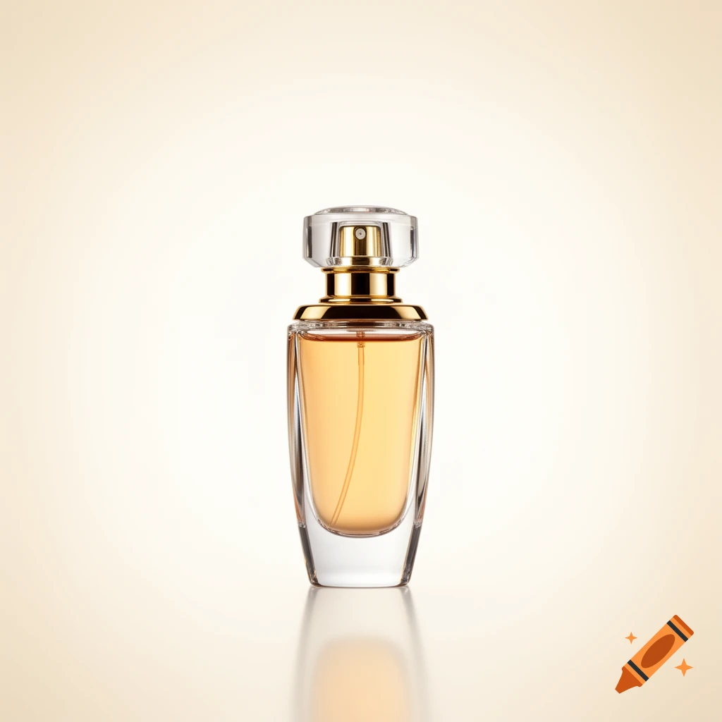 A photorealistic luxury perfume bottle with a gold cap and amber liquid, on a light gradient background.