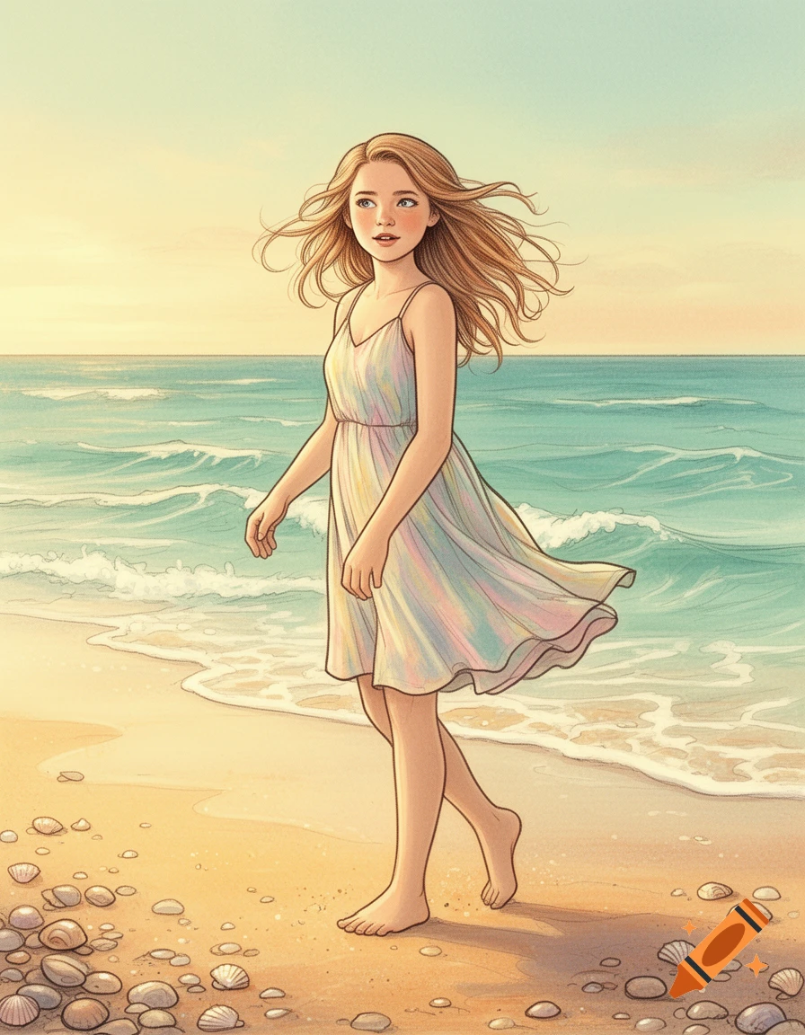 Illustrated young woman with long hair walks barefoot on a sandy beach by the ocean under a clear sky.