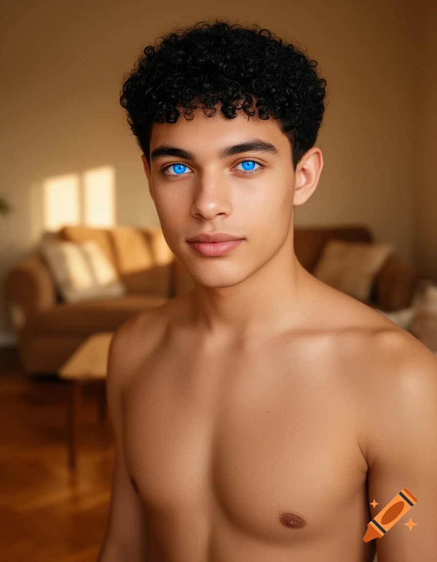 Photorealistic portrait of a shirtless young man with black curly hair and striking blue eyes, indoors with warm light.