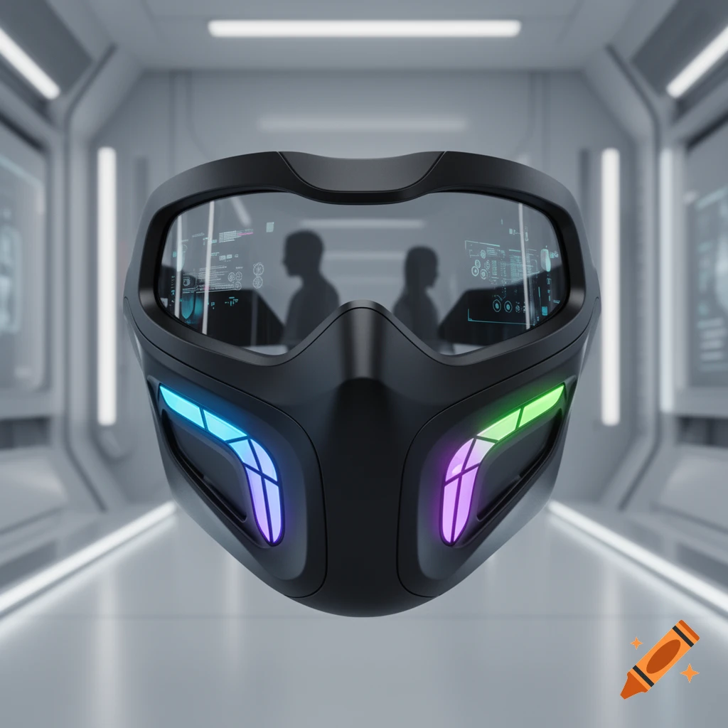A sleek black futuristic facemask with glowing blue, purple, and green lights sits in a sterile, futuristic hallway.