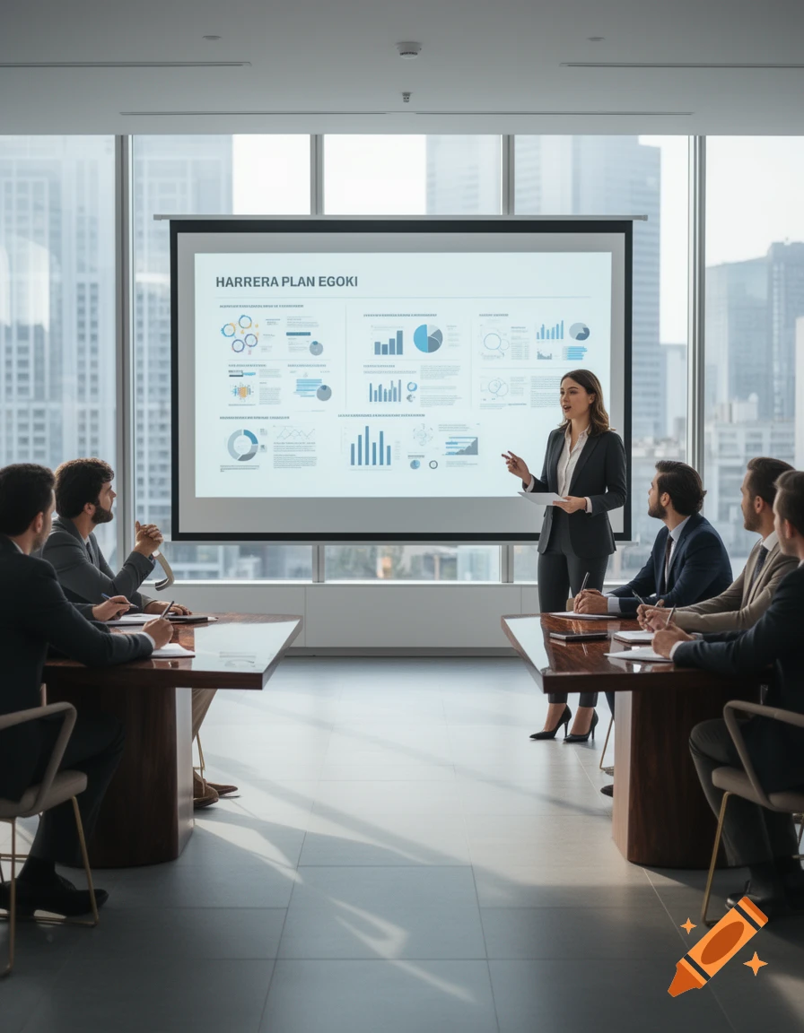 A businesswoman presents data and charts on a large screen to colleagues in a modern conference room overlooking a city.