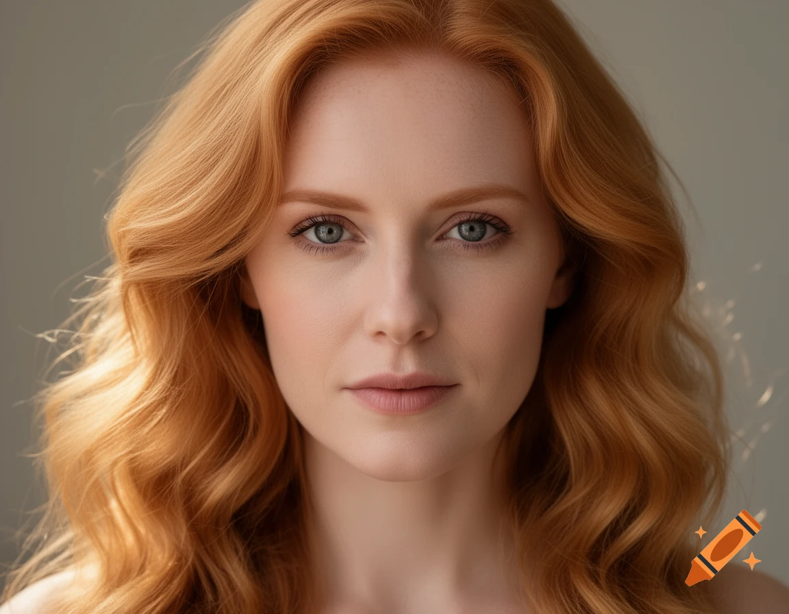 Photorealistic close-up portrait of a fair-skinned woman with wavy red hair and stormy grey eyes, looking directly at the viewer.
