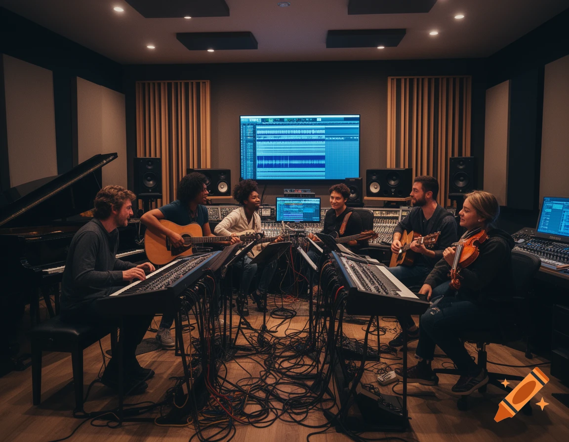 A group of six musicians playing various instruments including piano, guitars, and a violin in a modern recording studio.