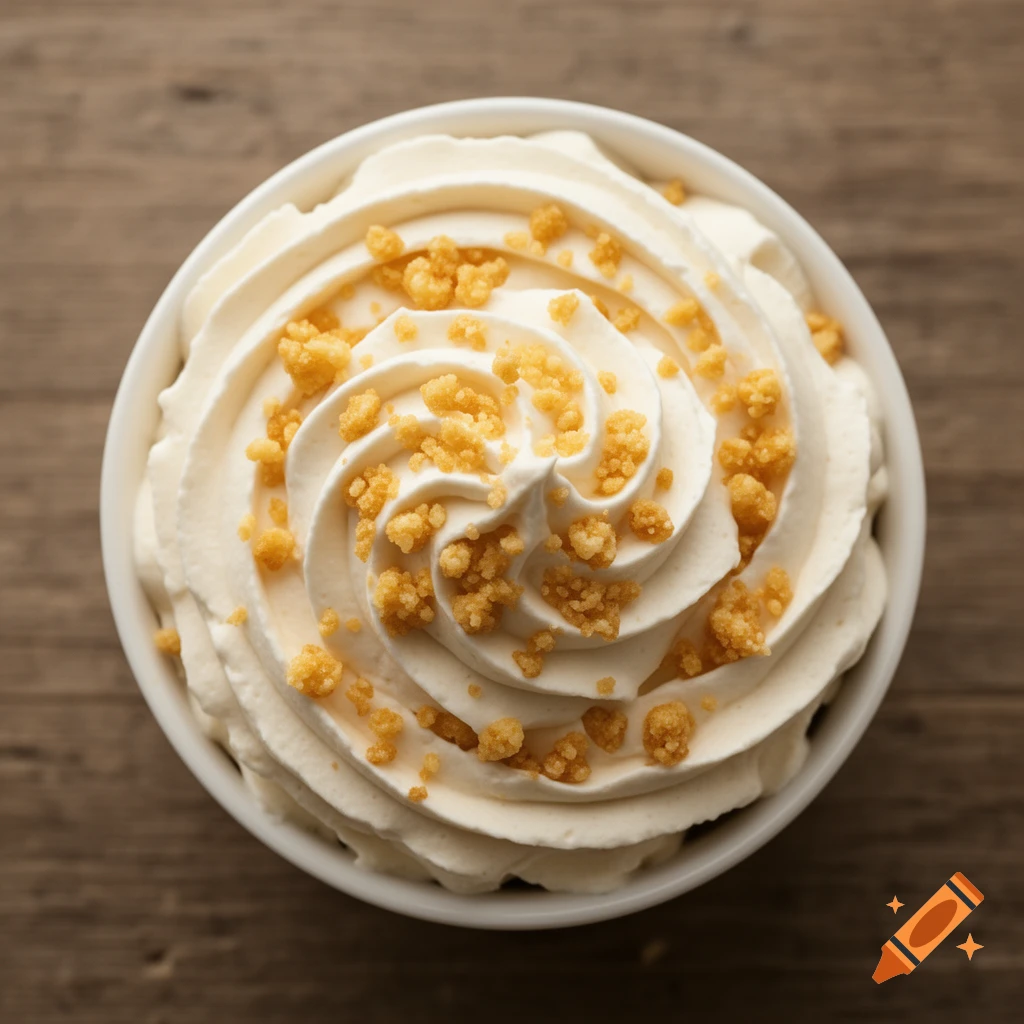 A white bowl of swirled whipped cream with golden crumbs, seen from above on a wooden background.