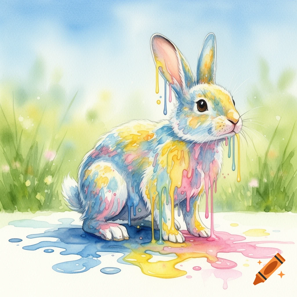 A watercolor painting of a rabbit covered in colorful dripping paint, standing on a white surface with a soft green and blue background.