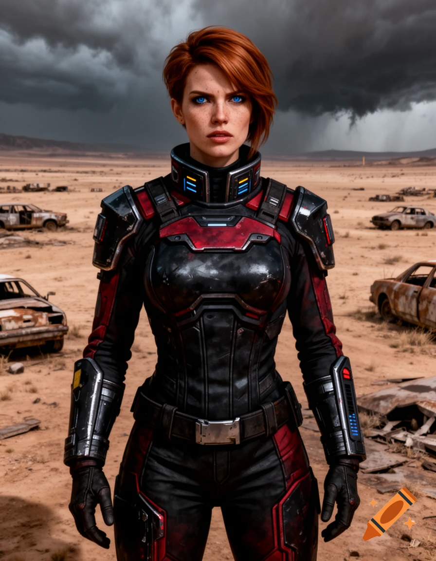 A red-haired woman in black and red futuristic armor stands in a desolate desert with wrecked cars under a stormy sky.