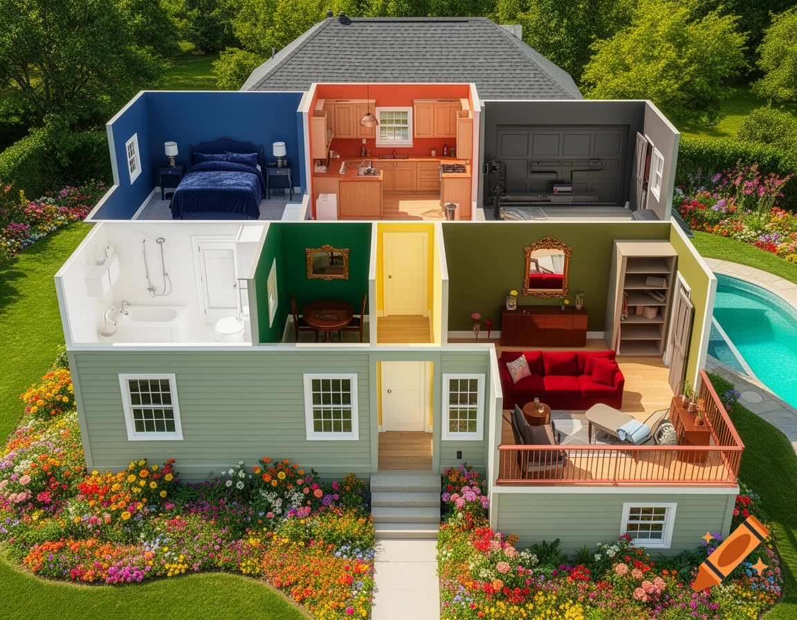 Aerial view of a cutaway house revealing an interior with multiple colorful rooms and an exterior featuring a vibrant garden and pool.
