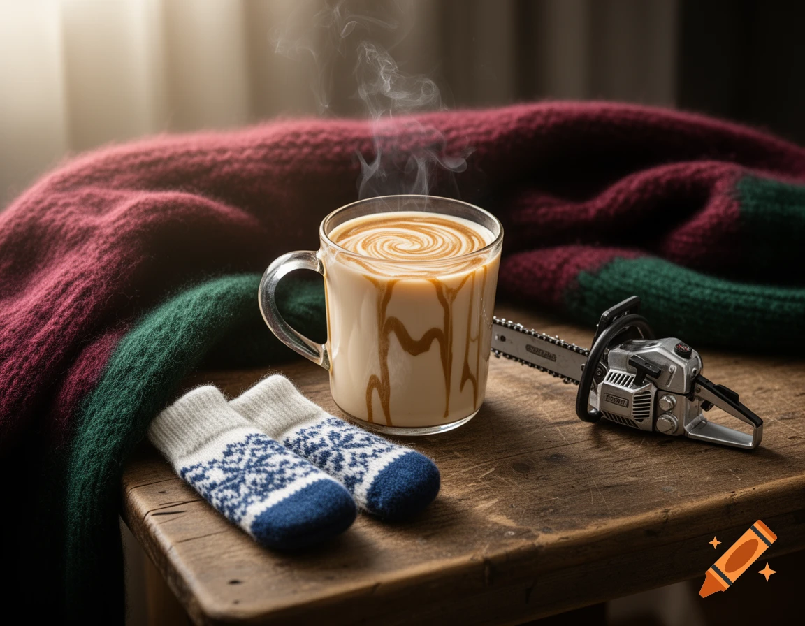 A steaming latte, knitted socks, and a small chainsaw rest on a wooden table next to a burgundy and green blanket.