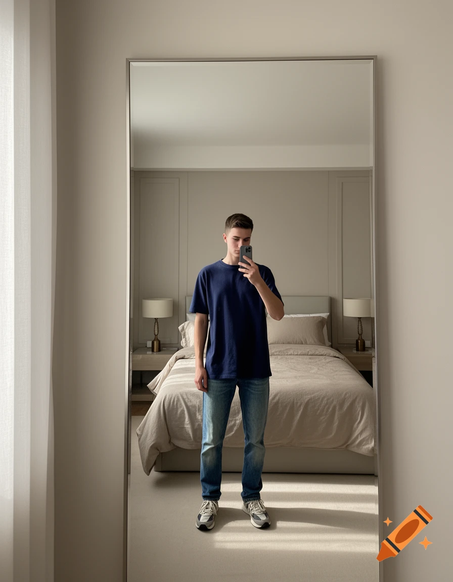A young man in a navy t-shirt and jeans takes a selfie in a full-length mirror, reflecting a modern bedroom.