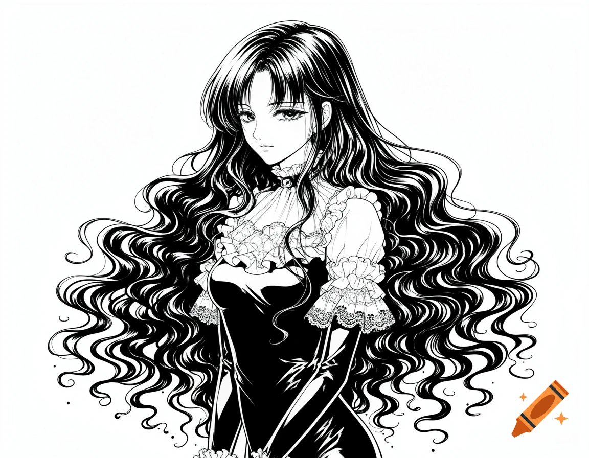 Black and white anime illustration of a woman with very long, curly black hair, wearing a black dress with ruffled white sleeves.