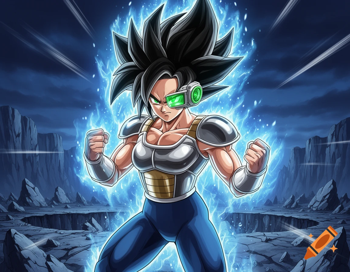 A powerful anime female character with spiky black hair, a green scouter, and battle armor, surrounded by blue energy in a cracked landscape.