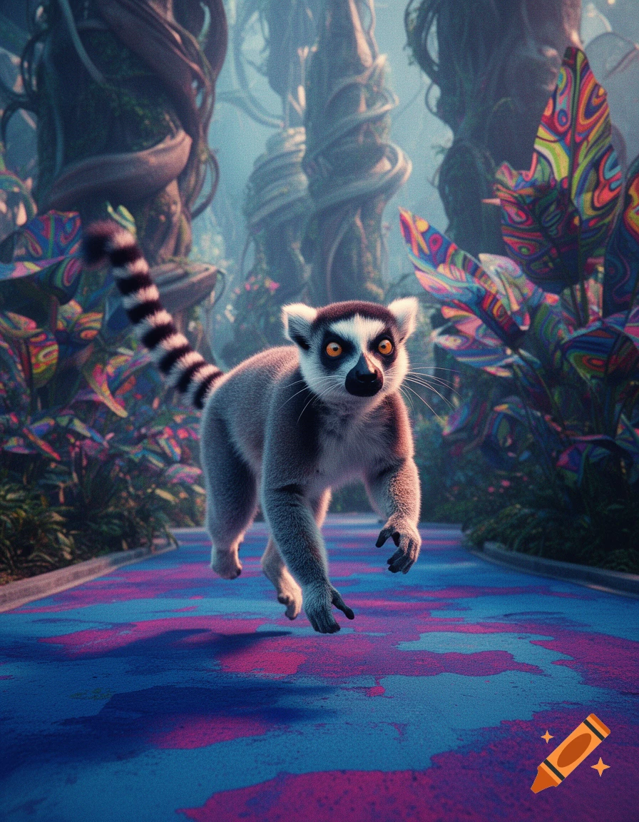 A lemur leaps forward on a vibrant blue and pink path through a surreal, colorful jungle environment.