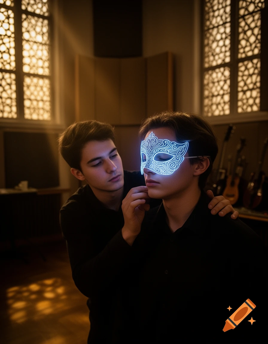 A young man applies a glowing blue, intricate mask to another man's face in a warmly lit room with patterned windows.