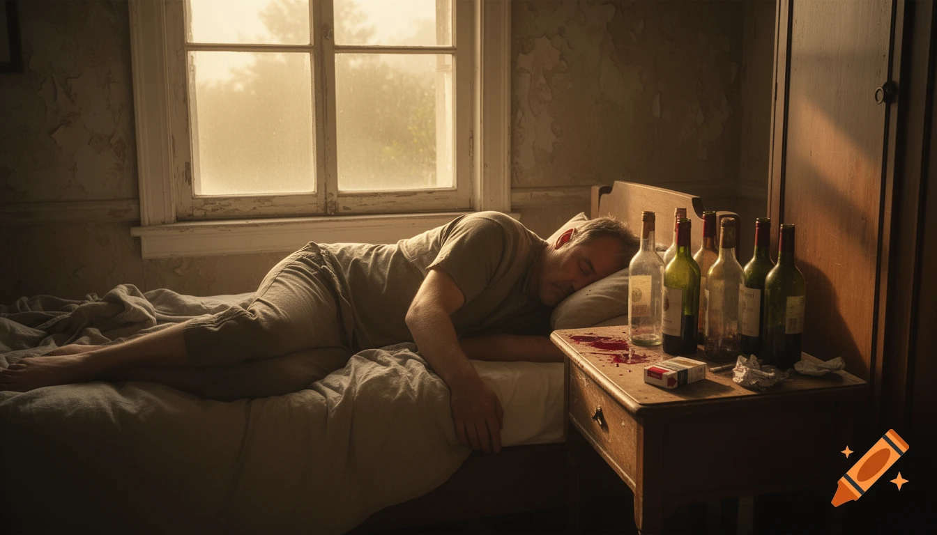 A middle-aged man sleeps on a bed in a disheveled room with empty wine bottles and a cigarette pack on a bedside table, bathed in early morning sunlight.