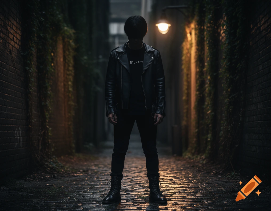A person in a black leather jacket and dark clothes stands in a dimly lit, vine-covered alley with glowing streetlights. Photorealistic.