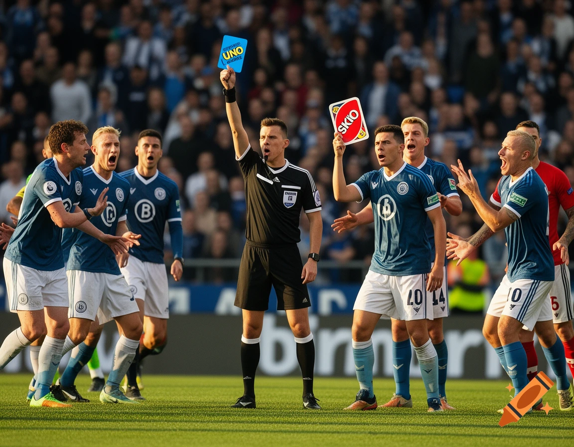A soccer referee holds up a blue UNO Reverse card, while a player argues holding a red SKIO card, on a green field.