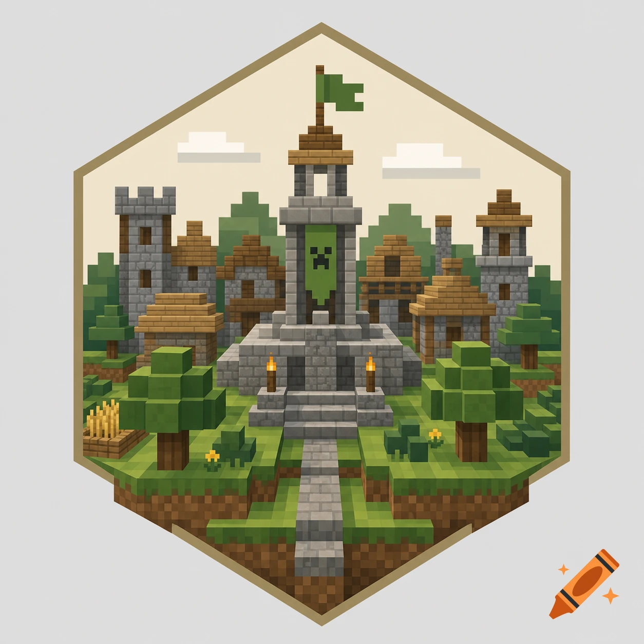 A pixel art Minecraft-style village icon featuring a central tower with a Creeper banner, surrounded by houses and trees.