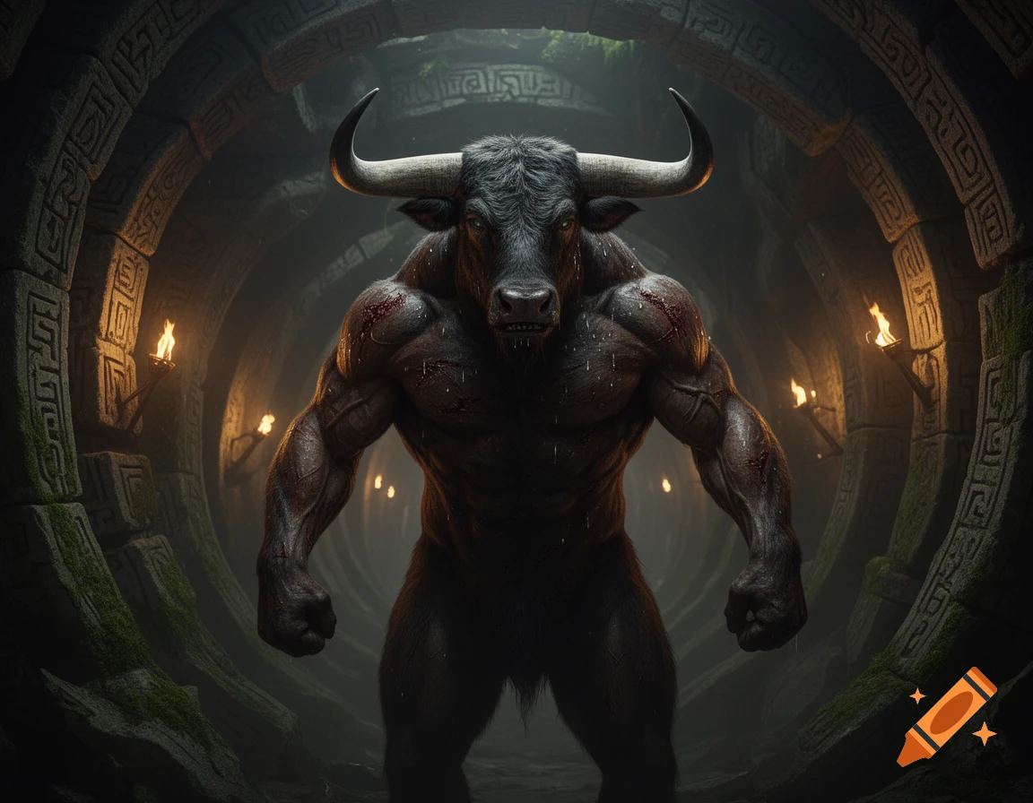 A powerful, muscular minotaur with blood on its chest stands in a dimly lit ancient stone tunnel with torches.