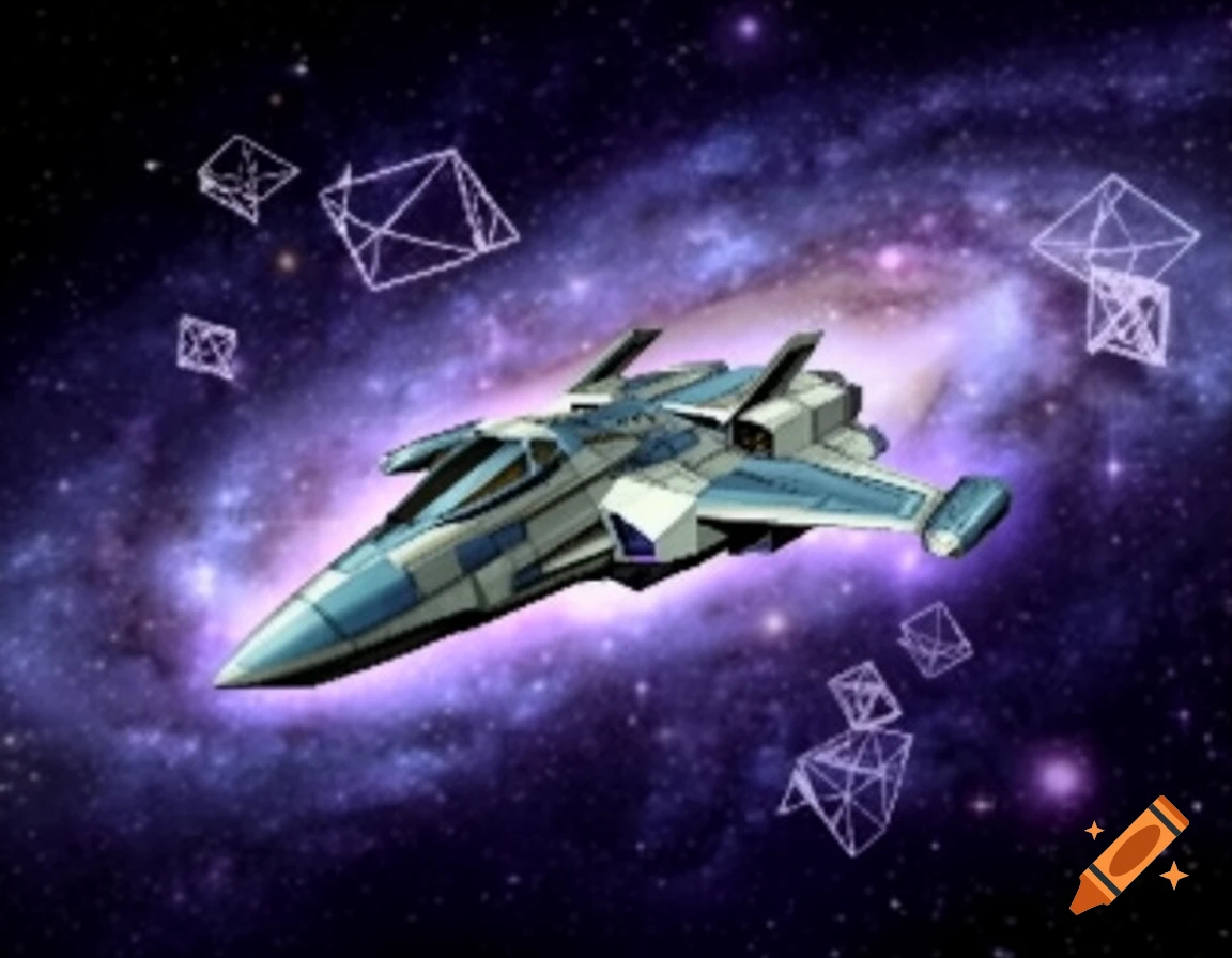 A stylized spaceship with blue and white accents flies through a purple galaxy, surrounded by wireframe geometric shapes, in a retro video game style.