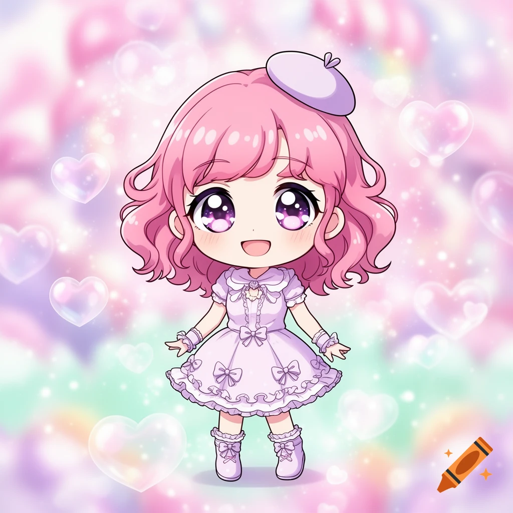 Cute anime chibi girl with pink hair, large purple eyes, and a light purple dress and beret, on a pastel background with heart bokeh.