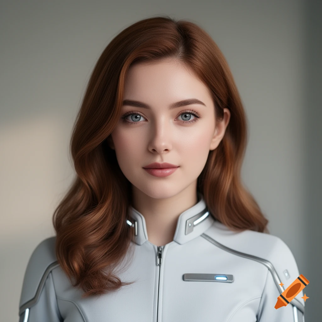 A young adult woman with long wavy red-brown hair and blue eyes, wearing a light gray futuristic uniform with silver accents, looking directly at the viewer.