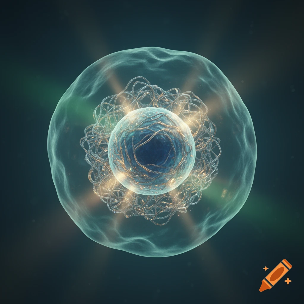 A glowing, transparent biological cell with a detailed, vibrant nucleus, set against a dark background.