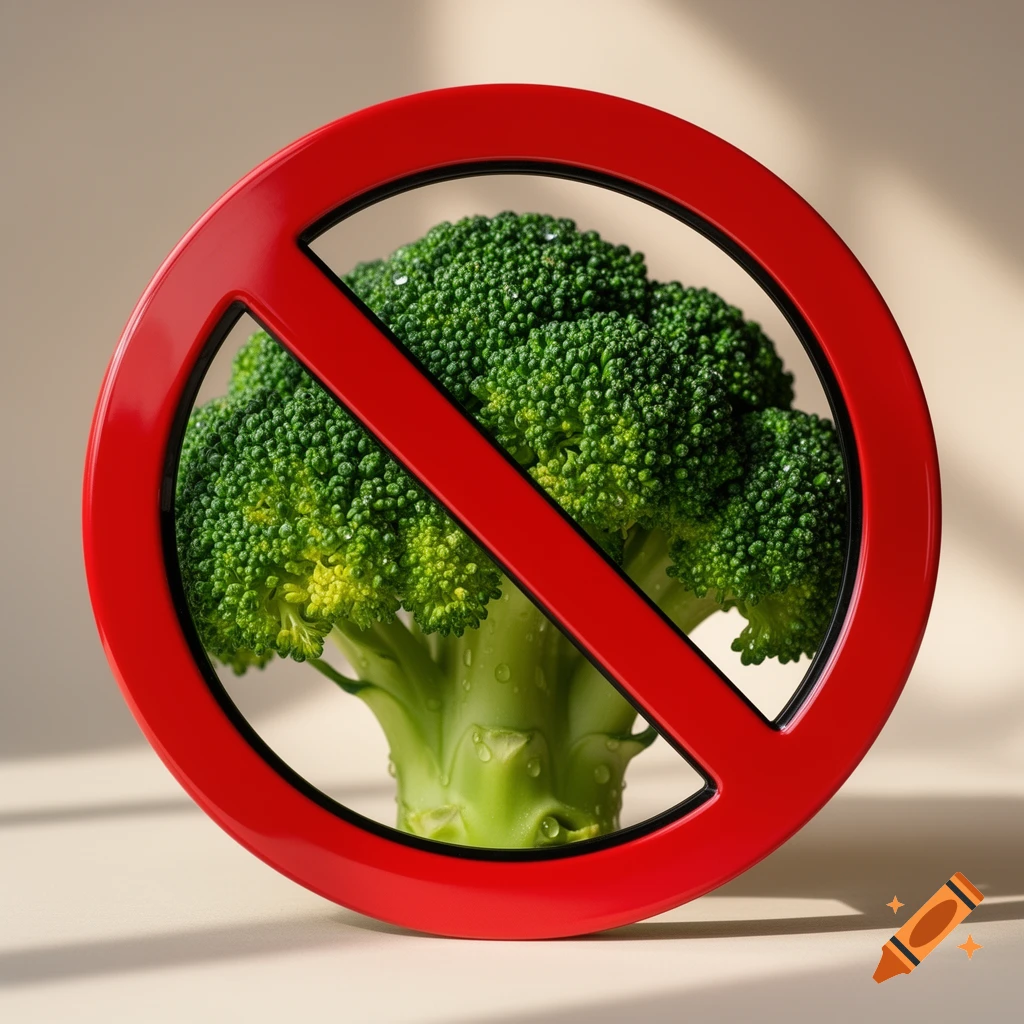 A fresh green broccoli head with water droplets, centered behind a bright red universal prohibition symbol on a light background.