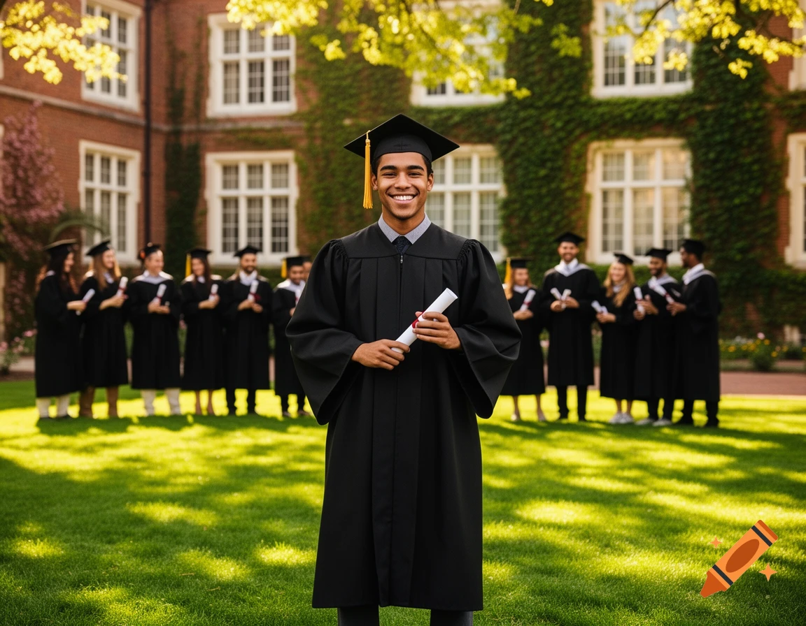 A smiling male college student in a black cap and gown holds a diploma on a sunny university campus with other graduates.