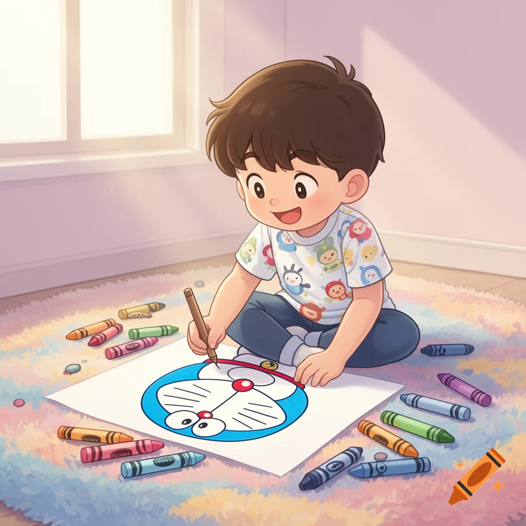 A happy child sits on a colorful rug, drawing the blue cartoon character Doraemon with a crayon.