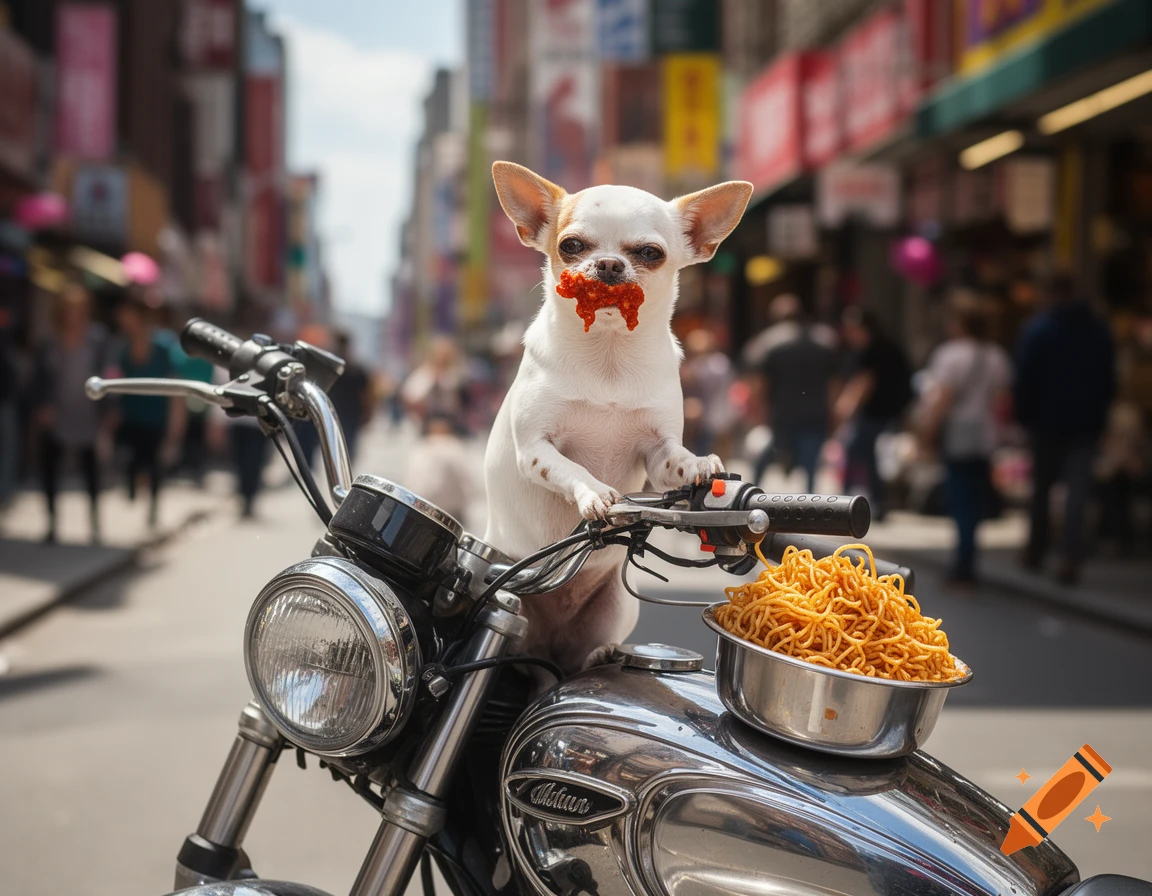 A white chihuahua with red sauce on its mouth sits on a motorcycle, holding the handlebars, with a bowl of noodles on the tank, in a busy street.